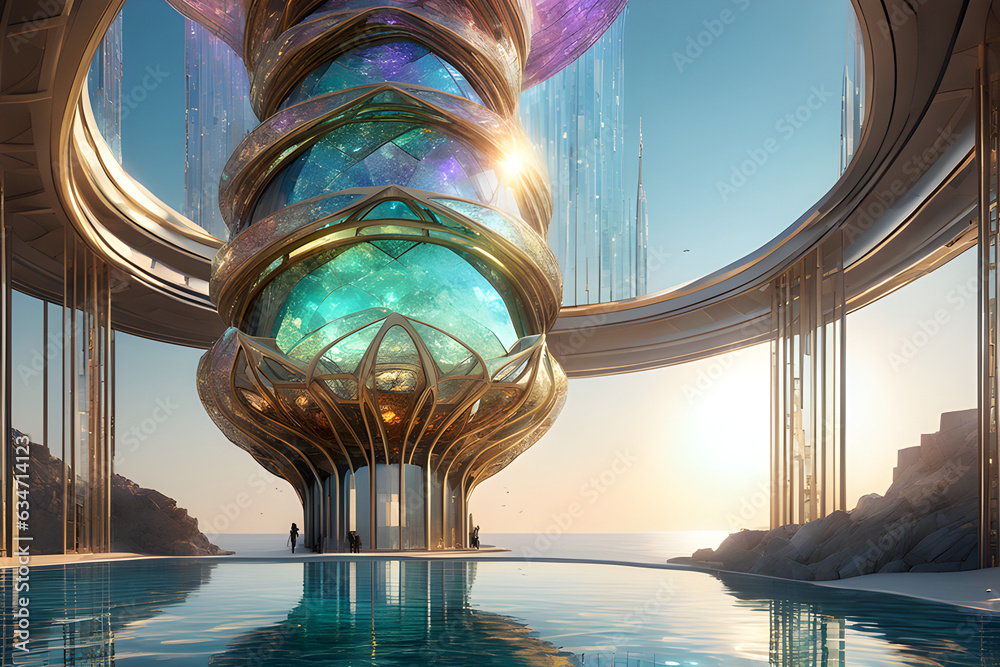 A Futuristic Hypercylinder-Shaped Tower with Intricate Details Overlooking the Sea, Featuring a Unique Glass Design