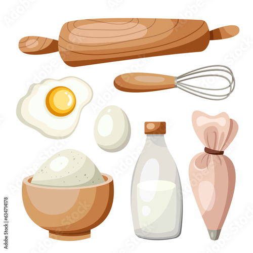 Kitchen items needed in a pastry shop. Collection of vector confectionery elements.