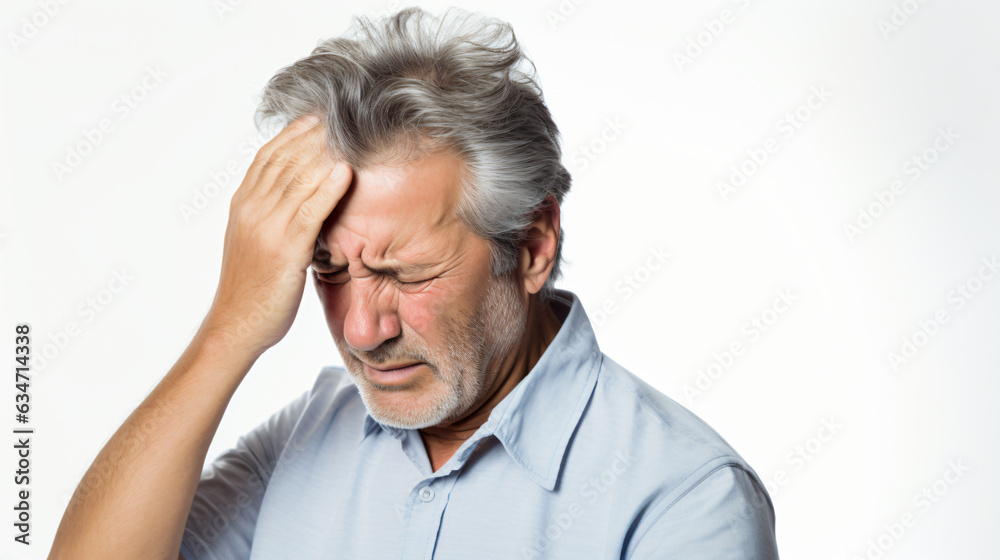 An elderly man with a migraine headache clutching his head in pain. Isolated on a white background. Studio shot. Generative AI An elderly man with a migraine headache clutching his head in pain. Isolated on a white background. Studio shot. Generative AI