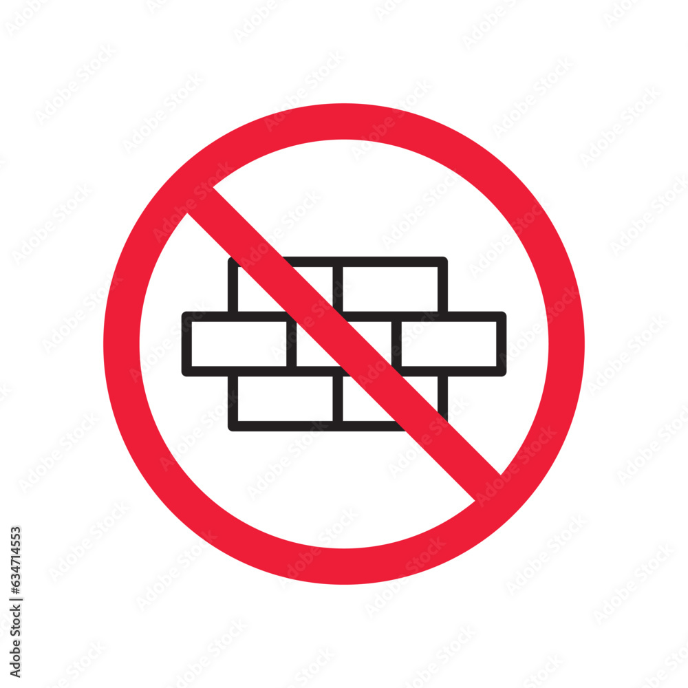 Forbidden brick wall vector icon. Warning, caution, attention, restriction, label, ban, danger. No brick wall flat sign design pictogram symbol. No wall icon Forbidden brick wall vector icon. Warning, caution, attention, restriction, label, ban, danger. No brick wall flat sign design pictogram symbol. No wall icon