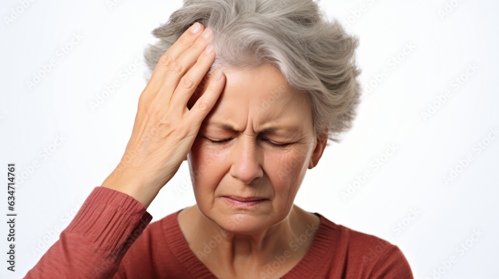 An elderly woman with a migraine headache holding her head in pain. Isolated on a white background. Studio shot. Generative AI An elderly woman with a migraine headache holding her head in pain. Isolated on a white background. Studio shot. Generative AI