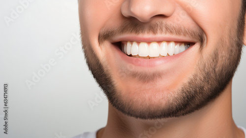 A close-up shot of the lower portion of a man's face. he boasts a lovely, charming smile with immaculate teeth. Features include his chin, nose, and mouth. Ideal for dental service promotions. AI