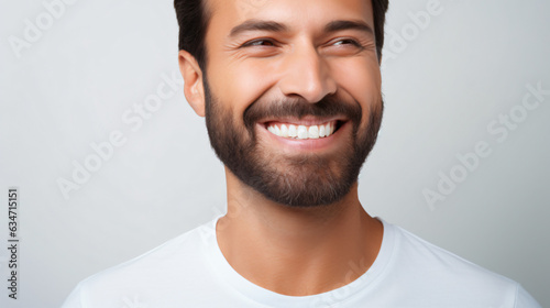 A close-up portrait of an attractive man showcasing a bright smile with pristine teeth, utilized for a dental advertisement. The individual features a modern, stylish haircut and beard. Generative AI photo