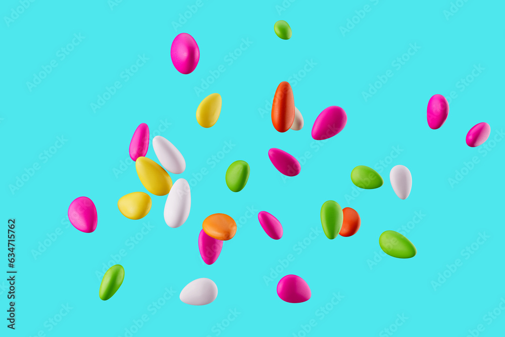 3d Colorful Almond Candies Sugar Coated Almond Candies Falling On Blue background, 3d illustration
