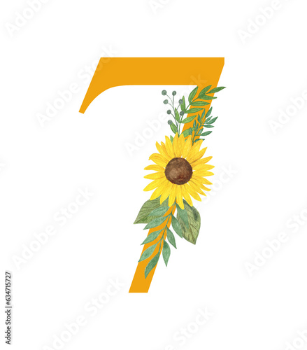 Number seven decorated with sunflowers and leaves, floral monogram watercolor illustration in simple hand painted style, summer flowers decorative lettering collection