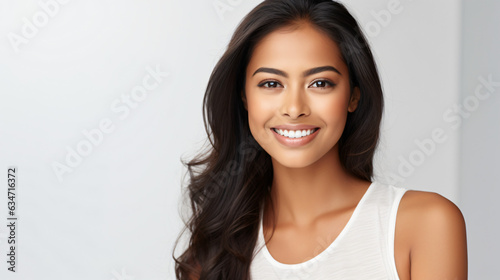 A close-up portrait of a stunning young Asian-Indian woman, smiling with pristine teeth. Used for a dental advertisement. Set against a white background. Composed using the rule of thirds.Gen. AI