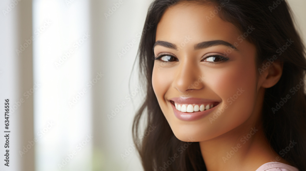 A close-up portrait of a stunning young Asian-Indian woman, smiling with pristine teeth. Used for a dental advertisement. Set against a white background. Composed using the rule of thirds.
Gen. AI A close-up portrait of a stunning young Asian-Indian woman, smiling with pristine teeth. Used for a dental advertisement. Set against a white background. Composed using the rule of thirds.
Gen. AI
