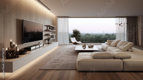 Stunningly Minimalist Apartment Interior with Expansive Luxury Window Framing Scenic Greenery © alauli