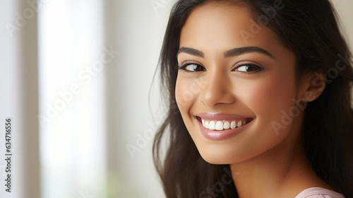 A close-up portrait of a stunning young Asian-Indian woman, smiling with pristine teeth. Used for a dental advertisement. Set against a white background. Composed using the rule of thirds.  Gen. AI © Nico Vincentini