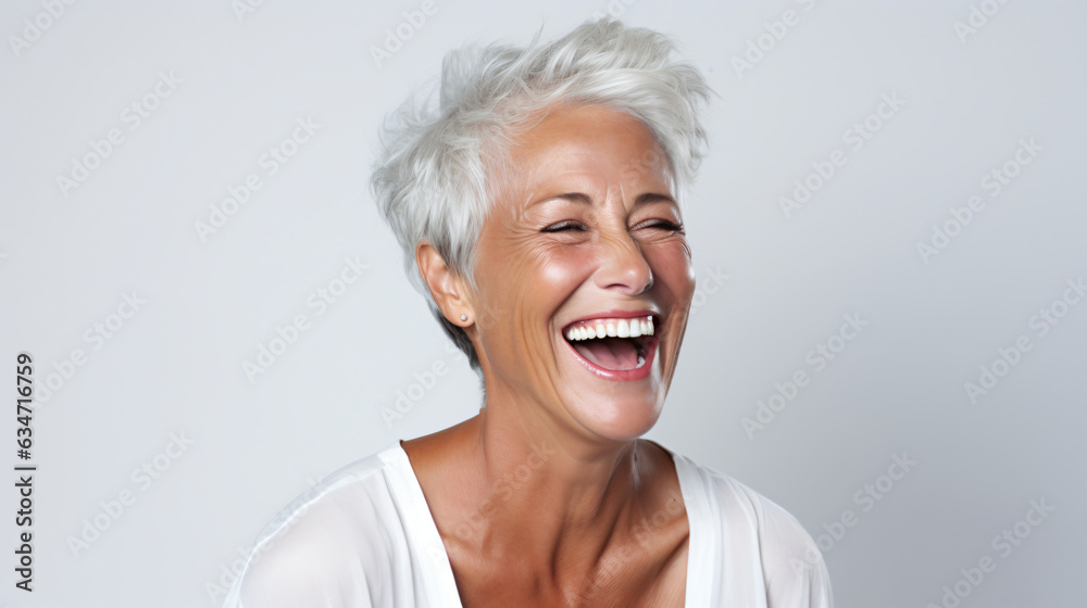 A close-up portrait of a beautiful senior woman with short gray hair, laughing and displaying her pristine teeth. This image was utilized for a dental advertisement. Gen AI A close-up portrait of a beautiful senior woman with short gray hair, laughing and displaying her pristine teeth. This image was utilized for a dental advertisement. Gen AI