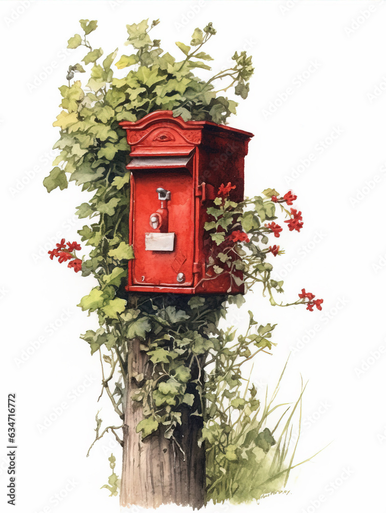 Red mail boxbotanical illustration,created with generative ai tecnology. Red mail boxbotanical illustration,created with generative ai tecnology.