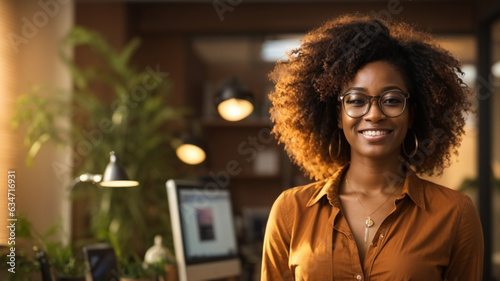 Happy middle aged business black woman ceo standing in office . Smiling young confident professional executive manager, proud lawyer, businessman leader, in a beautiful and warm office
