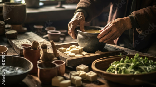 Close-up of a person making traditional handmade tofu