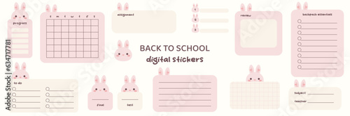 Kawaii bunny digital stickers for students. Digital note papers and stickers for bullet journaling or planning. Student digital stickers. Vector art.
