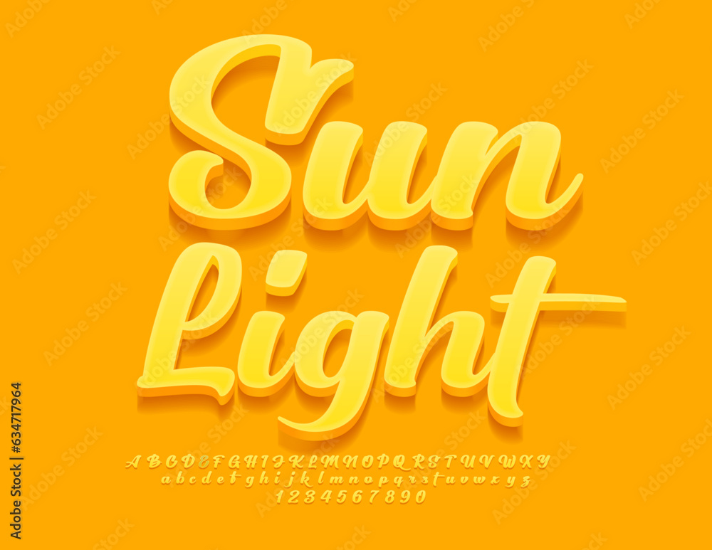 Vector bright template Sun Light with elegant Yellow Font. Cursive Alphabet Letters and Numbers set