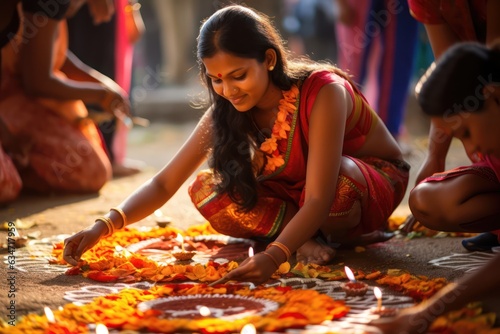 Indian women making flower rangoli for Hindu festival celebration. 