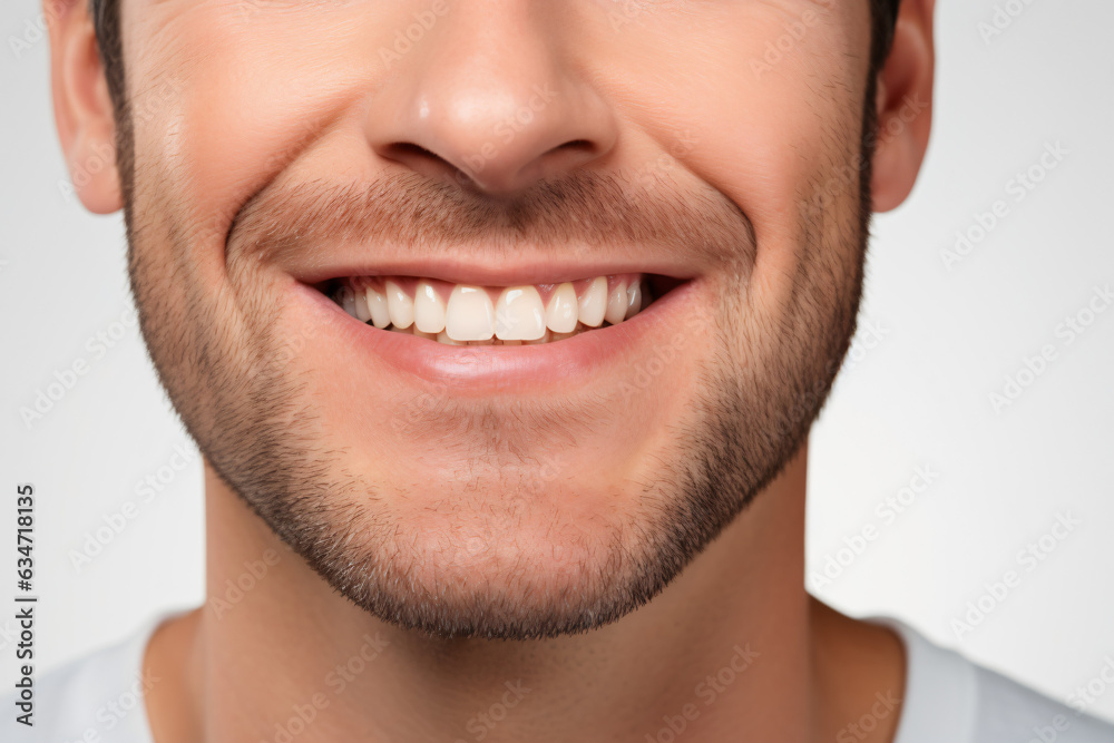 A close-up shot of the lower portion of a man's face. He boasts a lovely, charming smile with immaculate teeth. Features include his chin, nose, and mouth. Ideal for dental service promotions. AI A close-up shot of the lower portion of a man's face. He boasts a lovely, charming smile with immaculate teeth. Features include his chin, nose, and mouth. Ideal for dental service promotions. AI