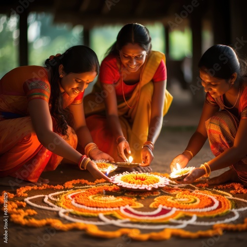 Indian women making flower rangoli for Hindu festival celebration. 