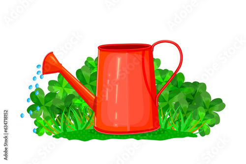 Grass, clover and watering can isolated on white background. Watering pot stand on grass bush. Seasonal garden equipment concept. Watering the young plants from watering can. Stock vector illustration