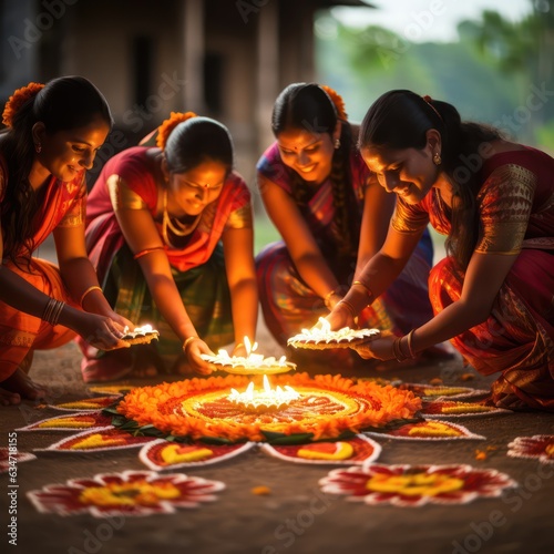 Indian women making flower rangoli for Hindu festival celebration.  photo