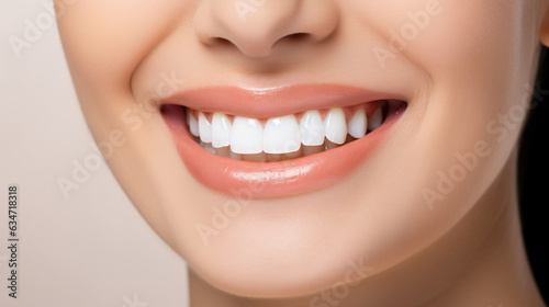 A close-up shot of the lower portion of a woman's face. She boasts a lovely, charming smile with immaculate teeth. Features include her chin, nose, and mouth. Ideal for dental service promotions. AI