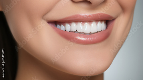 A close-up shot of the lower portion of a woman s face. She boasts a lovely  charming smile with immaculate teeth. Features include her chin  nose  and mouth. Ideal for dental service promotions. AI