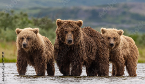 Schilderij op canvas Alaskan Brown Bear with Cubs in a River