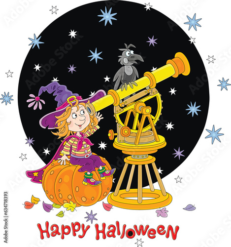 Happy Halloween card with a cute little witch astronomer sitting on a large pumpkin and watching a night starry sky through an old telescope, vector cartoon illustration