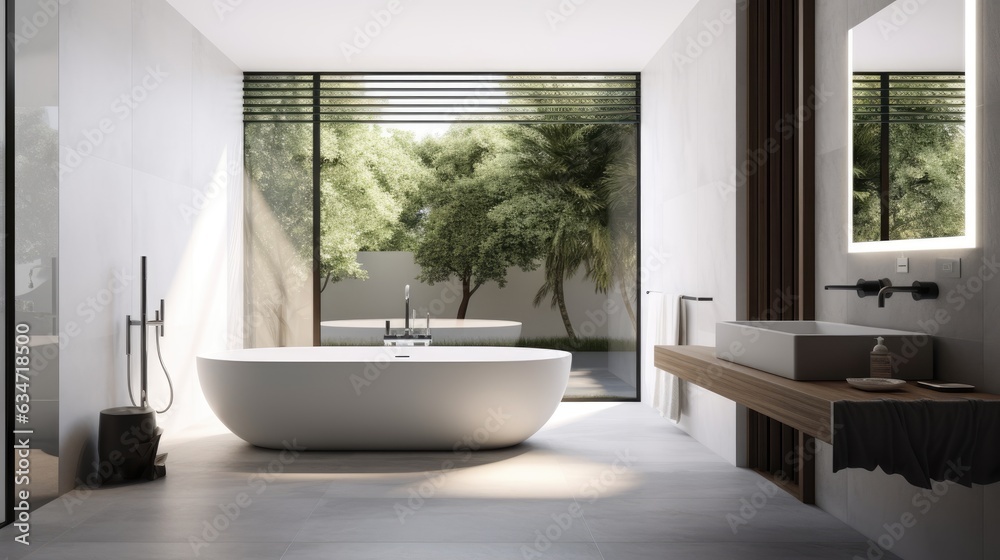 Seamless Connection: Modern Minimalist Bathroom with Expansive Glass Overlooking the Backyard Seamless Connection: Modern Minimalist Bathroom with Expansive Glass Overlooking the Backyard