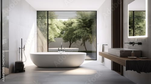 Seamless Connection: Modern Minimalist Bathroom with Expansive Glass Overlooking the Backyard © alauli