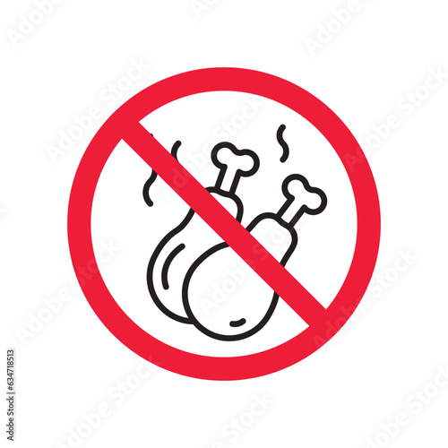 Forbidden chicken leg vector icon. Warning, caution, attention, restriction, label, ban, danger. No chicken leg flat sign design pictogram symbol. No chicken leg icon