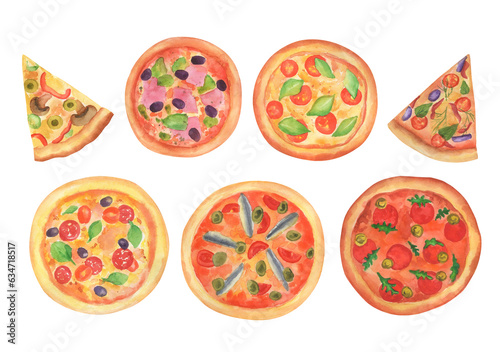 Pizza set. Watercolor hand painted illustration isolated on white