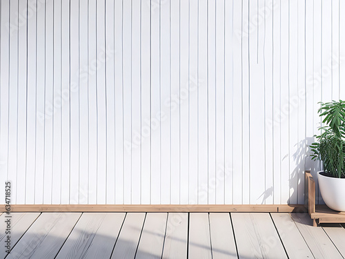 Wooden floor and white empty wall with plant shadows background  Use for interior design  cosmetic product presentation mockup  social media advertisement  pedestal displays.