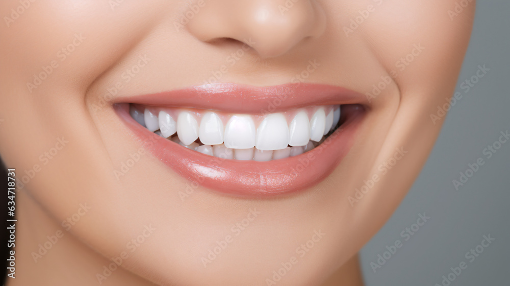 A close-up shot of the lower portion of a woman's face. She boasts a lovely, charming smile with immaculate teeth. Features include her chin, nose, and mouth. Ideal for dental service promotions. AI A close-up shot of the lower portion of a woman's face. She boasts a lovely, charming smile with immaculate teeth. Features include her chin, nose, and mouth. Ideal for dental service promotions. AI