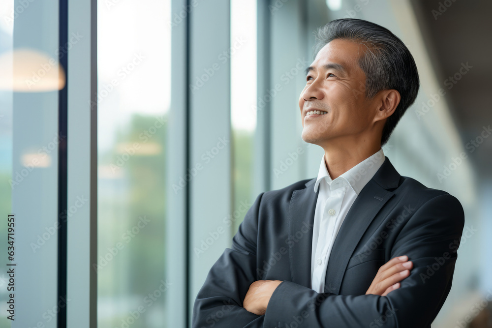 Happy proud prosperous mid aged mature professional Asian business man ceo executive wearing suit standing in office arms crossed looking away thinking of success, leadership, side profile view. Happy proud prosperous mid aged mature professional Asian business man ceo executive wearing suit standing in office arms crossed looking away thinking of success, leadership, side profile view.
