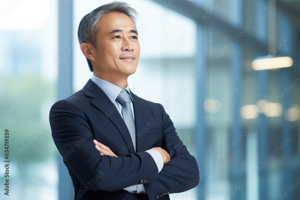 Happy proud prosperous mid aged mature professional Asian business man ceo executive wearing suit standing in office arms crossed looking away thinking of success, leadership, side profile view. Happy proud prosperous mid aged mature professional Asian business man ceo executive wearing suit standing in office arms crossed looking away thinking of success, leadership, side profile view.