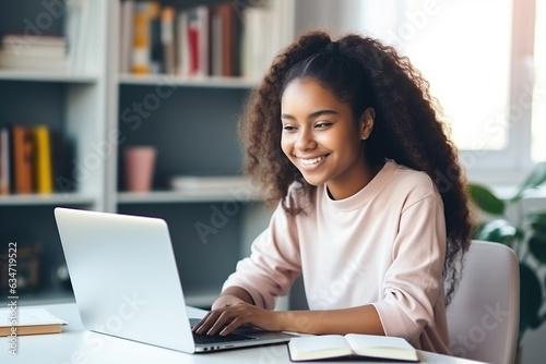 Happy African American teen student elearning at home on pc, writing notes. Smiling teenage girl using laptop watching webinar, hybrid learning english online virtual class, sitting at home table photo