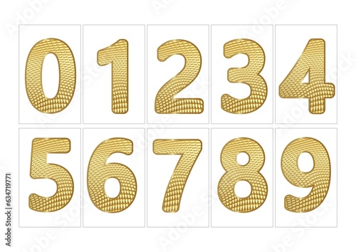 gold decorative numbers. 0 1 2 3 4 5 6 7 8 9. isolated signs on a white background. set. beautiful cellular texture.