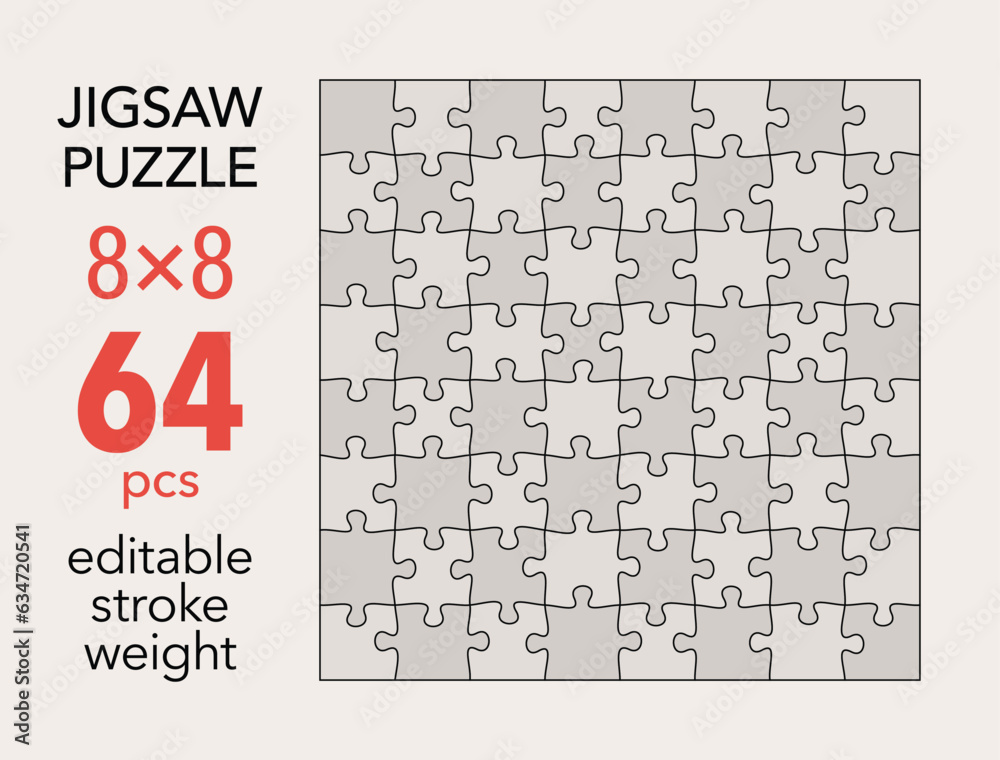 Empty jigsaw puzzle grid template, 8x8 shapes, 64 pieces. Separate matching puzzle elements. Flat vector illustration layout, every piece is a single shape. Empty jigsaw puzzle grid template, 8x8 shapes, 64 pieces. Separate matching puzzle elements. Flat vector illustration layout, every piece is a single shape.
