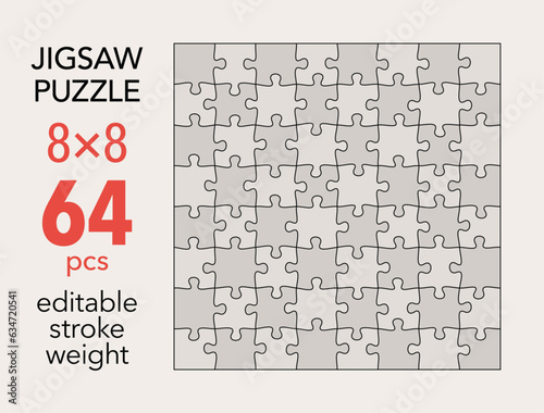 Empty jigsaw puzzle grid template, 8x8 shapes, 64 pieces. Separate matching puzzle elements. Flat vector illustration layout, every piece is a single shape.