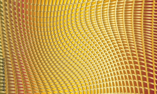 golden mesh background. wavy stripes. cellular curved texture. metal grating. holography. abstract horizontal desktop wallpaper. iridescent light from yellow to brown.