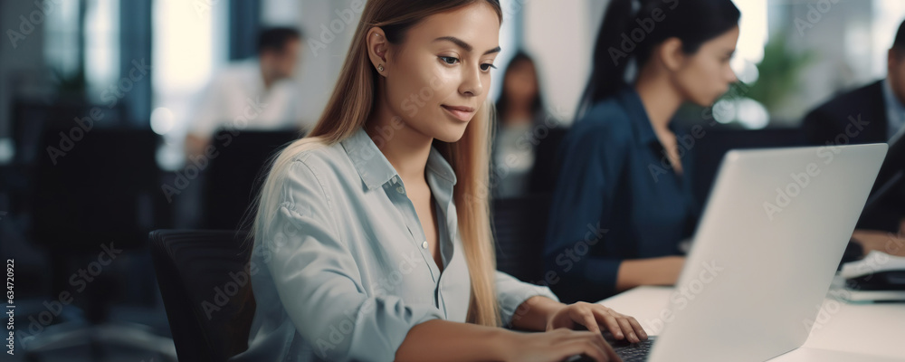 Professional female employee or a businesswoman using a laptop in a modern office. Copy space Professional female employee or a businesswoman using a laptop in a modern office. Copy space