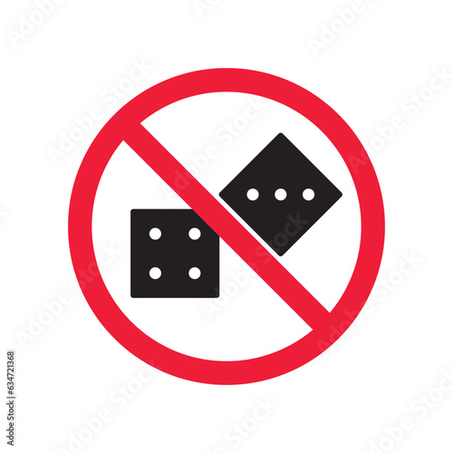 Forbidden gambling vector icon. Warning, caution, attention, restriction, label, ban, danger. No dice flat sign design pictogram symbol. No casino gamble icon