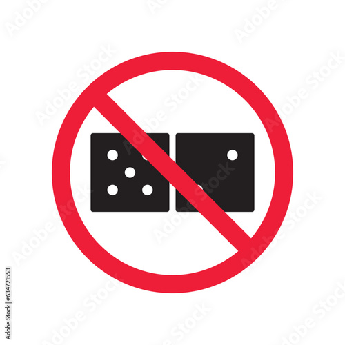 Forbidden gambling vector icon. Warning, caution, attention, restriction, label, ban, danger. No dice flat sign design pictogram symbol. No casino gamble icon