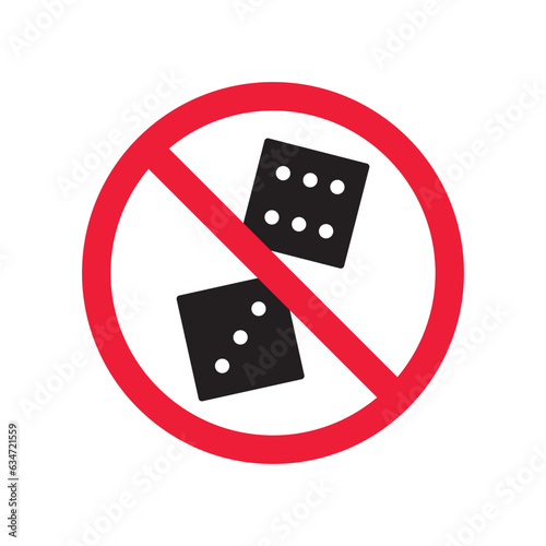 Forbidden gambling vector icon. Warning, caution, attention, restriction, label, ban, danger. No dice flat sign design pictogram symbol. No casino gamble icon
