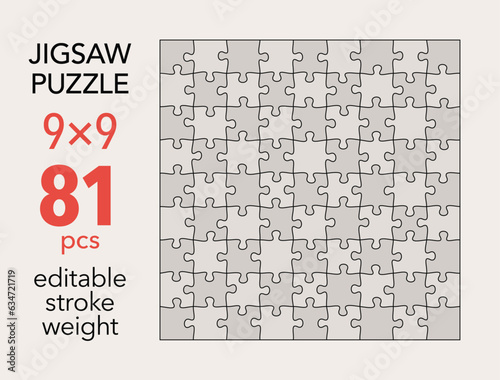 Empty jigsaw puzzle grid template, 9x9 shapes, 81 pieces. Separate matching puzzle elements. Flat vector illustration layout, every piece is a single shape.
