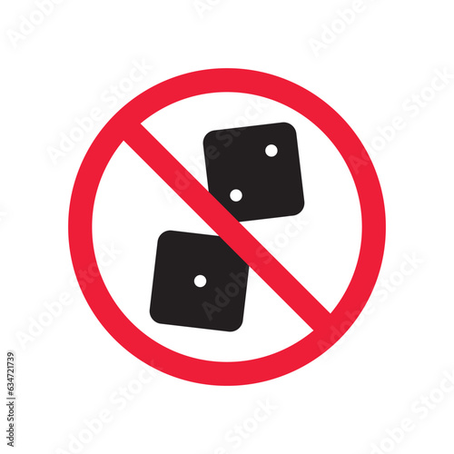 Forbidden gambling vector icon. Warning, caution, attention, restriction, label, ban, danger. No dice flat sign design pictogram symbol. No casino gamble icon