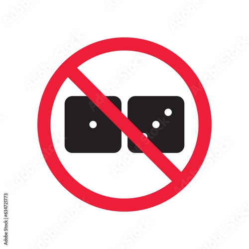 Forbidden gambling vector icon. Warning, caution, attention, restriction, label, ban, danger. No dice flat sign design pictogram symbol. No casino gamble icon