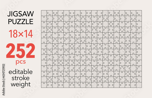 Empty jigsaw puzzle grid template, 18x14 shapes, 252 pieces. Separate matching puzzle elements. Flat vector illustration layout, every piece is a single shape.