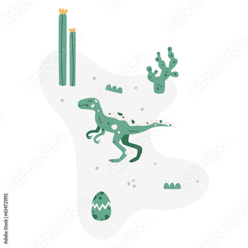 Flat hand drawn vector scene with dinosaur cactus palm and egg